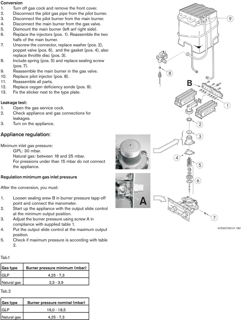 Unscrew the connector, replace washer (pos. 2), poppet valve (pos. 6), and the gasket (pos. 4), also replace throttle disc (pos. 3). 8. Include spring (pos. 5) and replace sealing screw (pos. 7). 9.