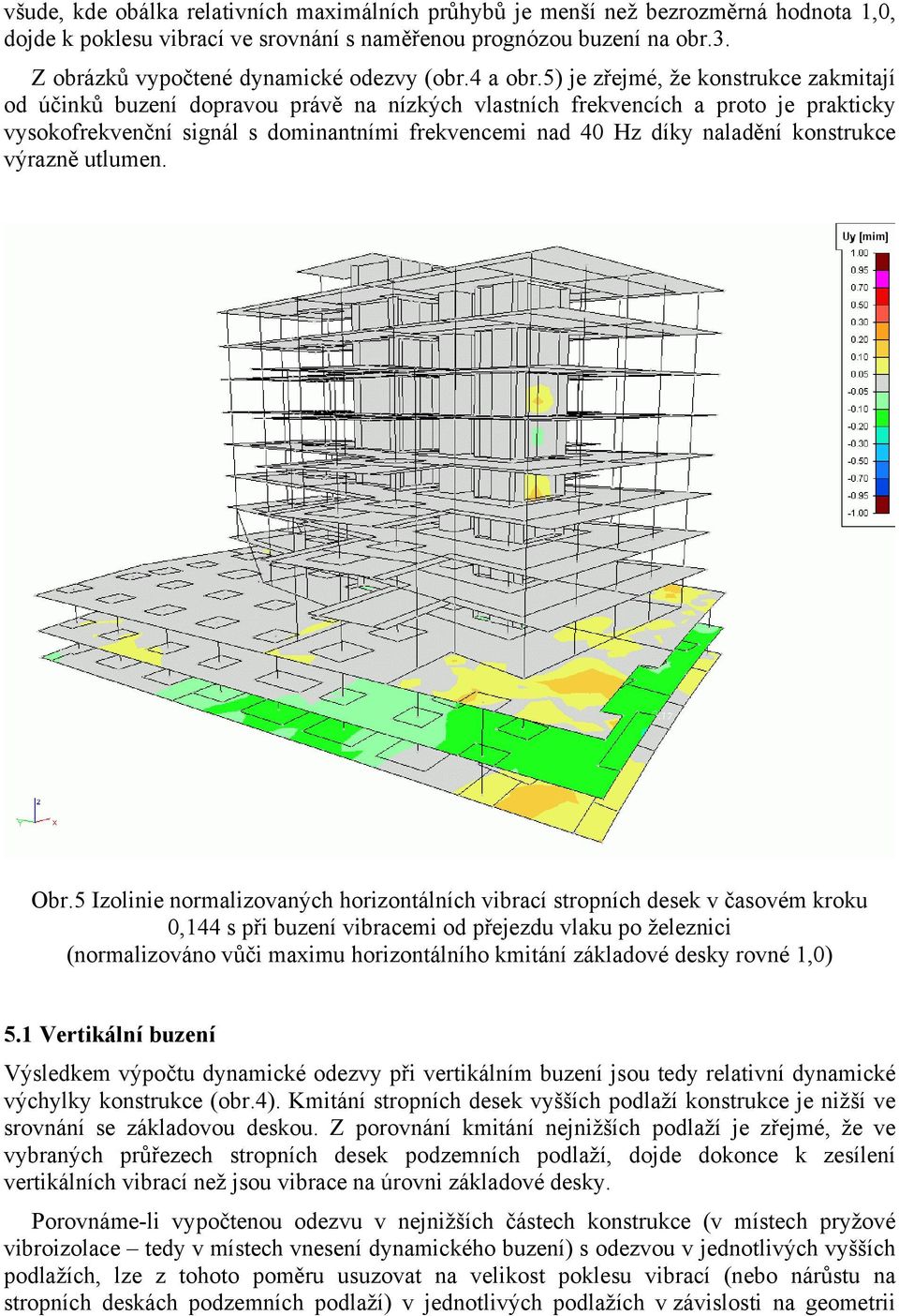 5) je zřejmé, že konstrukce zakmitají od účinků buzení dopravou právě na nízkých vlastních frekvencích a proto je prakticky vysokofrekvenční signál s dominantními frekvencemi nad 40 Hz díky naladění
