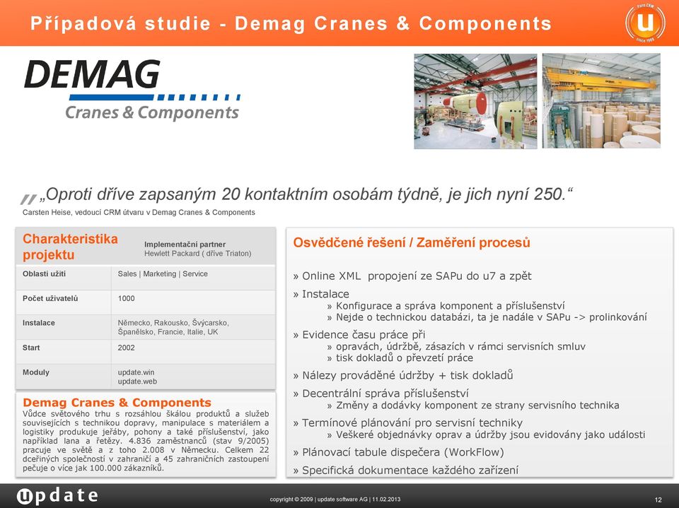 uživatelů 1000 Instalace Start 2002 Moduly Sales Marketing Service Německo, Rakousko, Švýcarsko, Španělsko, Francie, Italie, UK update.win update.