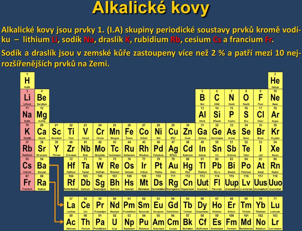 Na, draslík K, rubidium Rb, cesium Cs a francium Fr.