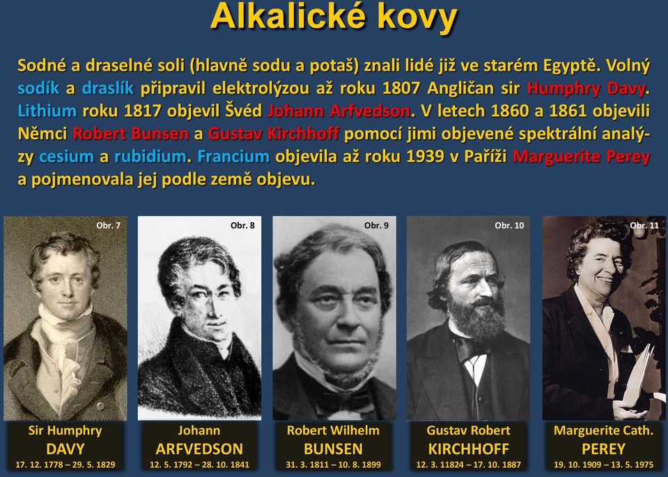 Francium objevila až roku 1939 v Paříži Marguerite Perey a pojmenovala jej podle země objevu. Obr. 7 Obr. 8 Obr. 9 Obr. 10 Obr. 11 Sir Humphry DAVY 17. 12. 1778 29. 5.