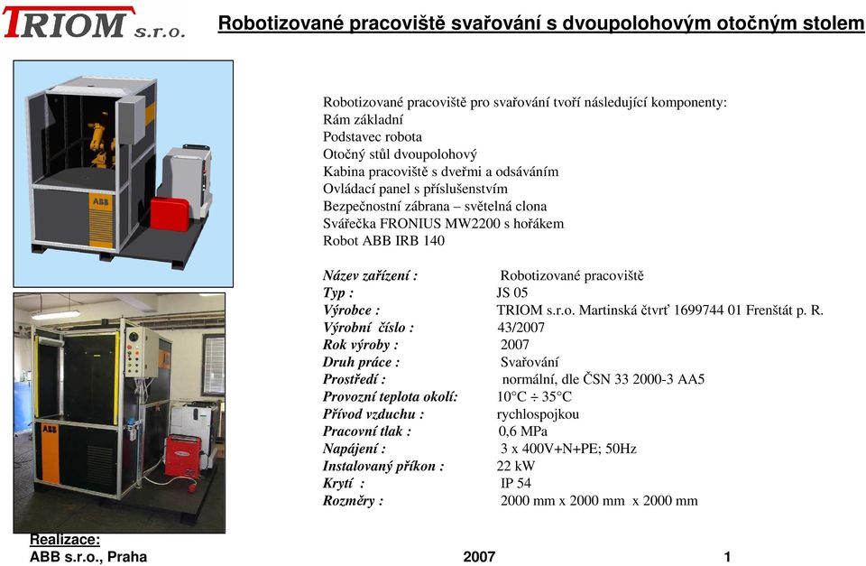JS 05 Výrobce : TRIOM s.r.o. Martinskáčtvrť 1699744 01 Frenštát p. R.