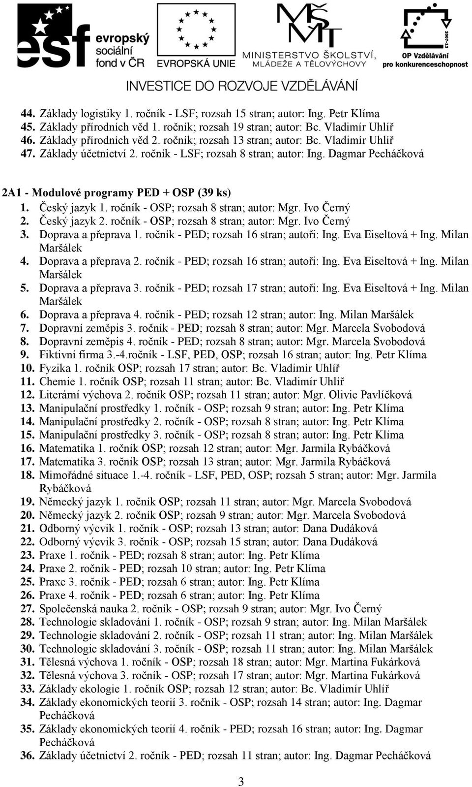 ročník - OSP; rozsah 8 stran; autor: Mgr. Ivo Černý 2. Český jazyk 2. ročník - OSP; rozsah 8 stran; autor: Mgr. Ivo Černý 3. Doprava a přeprava 1. ročník - PED; rozsah 16 stran; autoři: Ing.