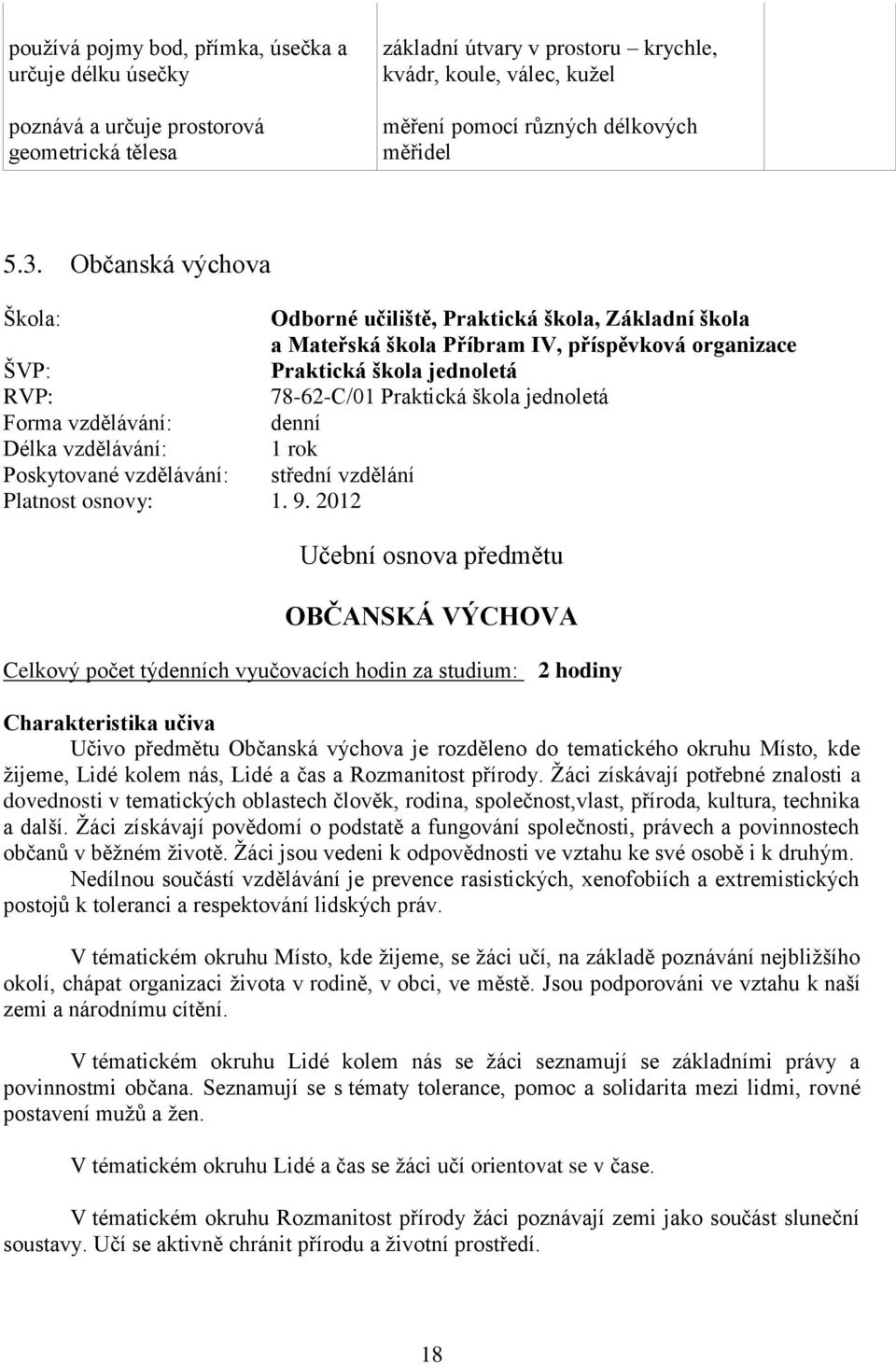 Občanská výchova Škola: Odborné učiliště, Praktická škola, Základní škola a Mateřská škola Příbram IV, příspěvková organizace ŠVP: Praktická škola jednoletá RVP: 78-62-C/01 Praktická škola jednoletá