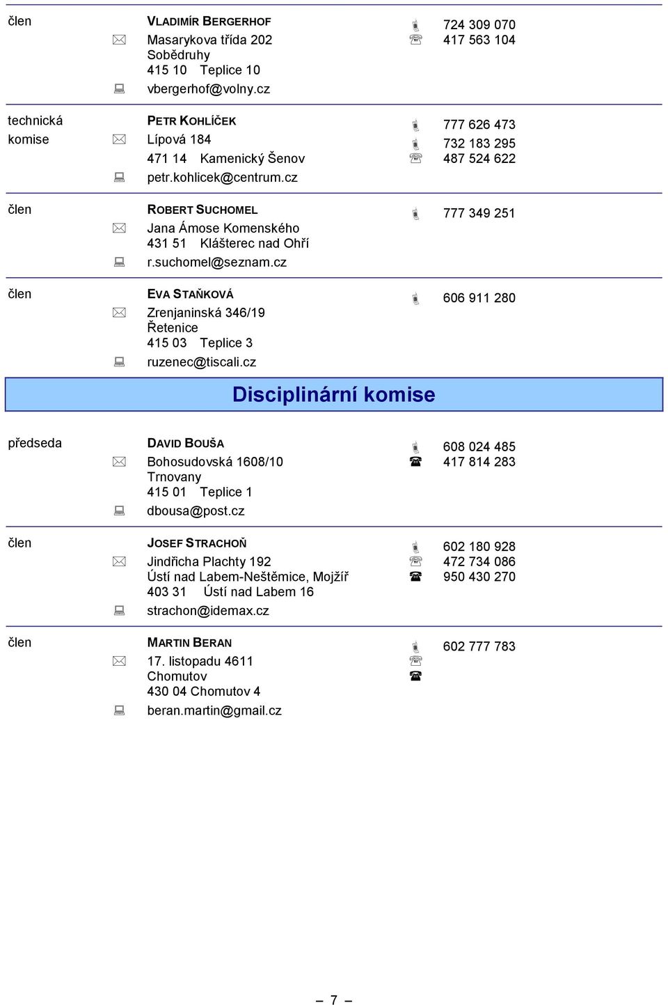 cz člen ROBERT SUCHOMEL 777 349 251 Jana Ámose Komenského 431 51 Klášterec nad Ohří r.suchomel@seznam.cz člen EVA STAŇKOVÁ 606 911 280 Zrenjaninská 346/19 Řetenice 415 03 Teplice 3 ruzenec@tiscali.