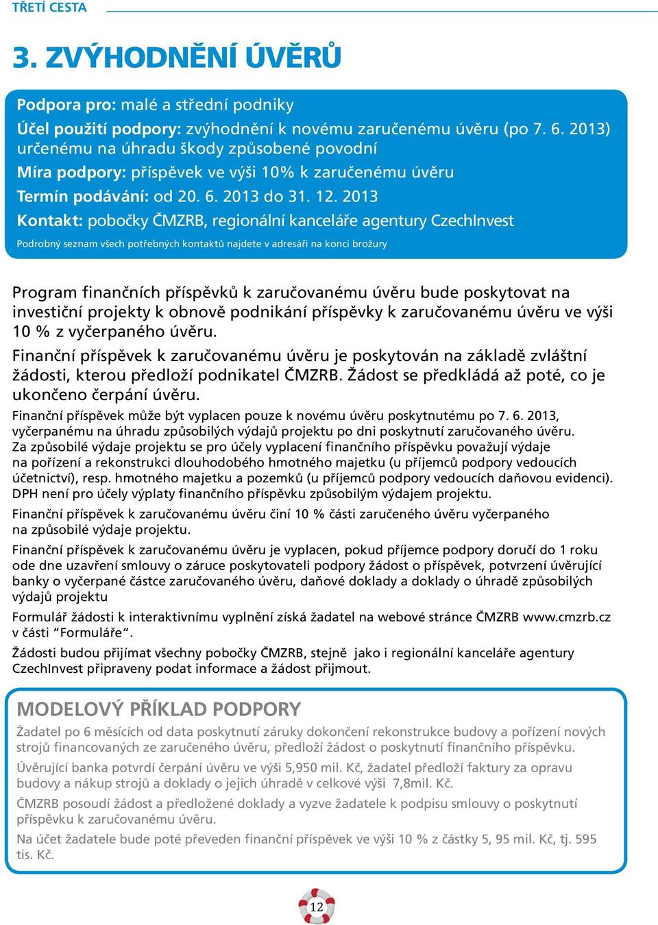 2013 Kontakt: pobočky ČMZRB, regionální kanceláře agentury CzechInvest Podrobný seznam všech potřebných kontaktů najdete v adresáři na konci brožury Program finančních příspěvků k zaručovanému úvěru