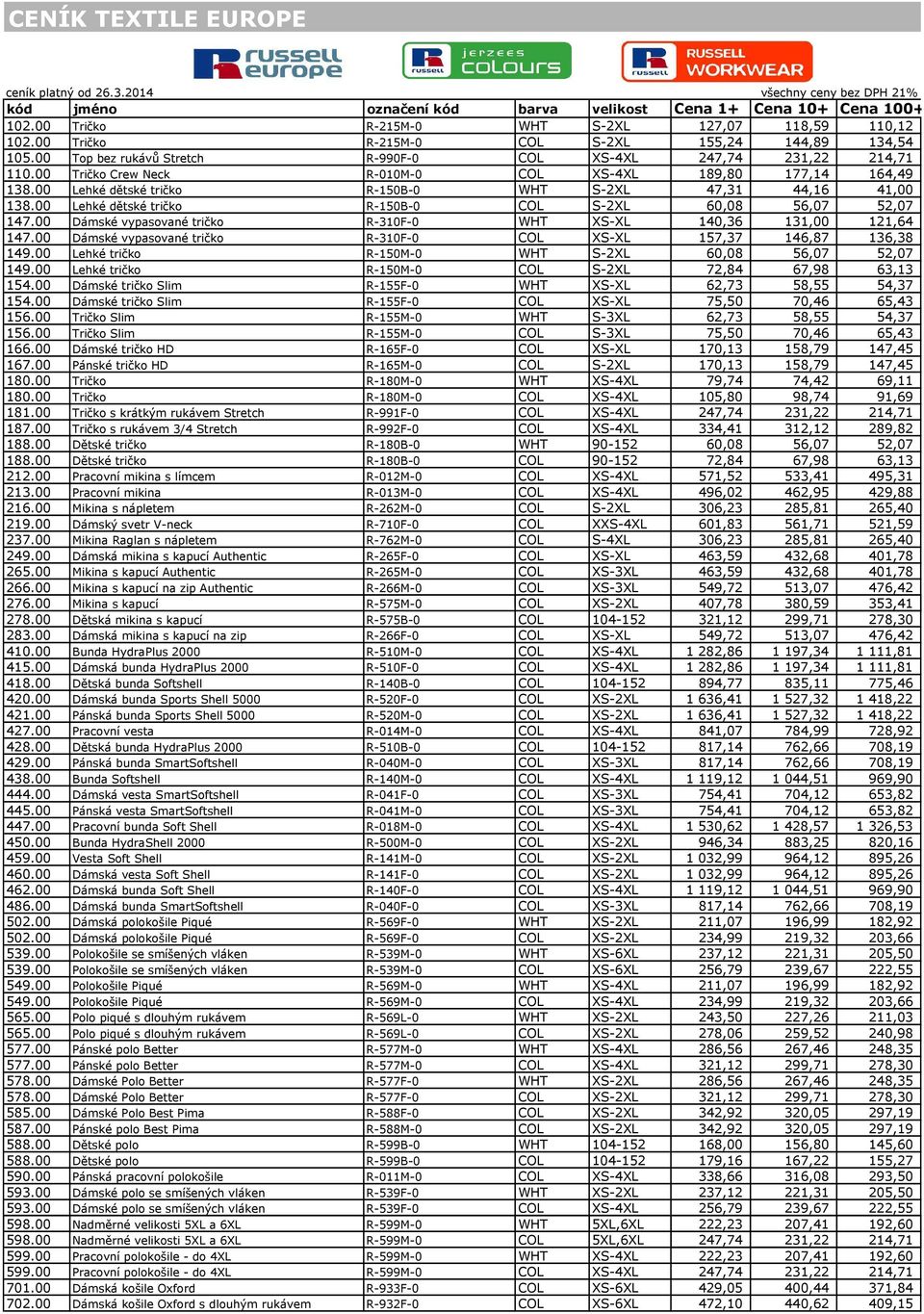 00 Lehké dětské tričko R-150B-0 WHT S-2XL 47,31 44,16 41,00 138.00 Lehké dětské tričko R-150B-0 COL S-2XL 60,08 56,07 52,07 147.00 Dámské vypasované tričko R-310F-0 WHT XS-XL 140,36 131,00 121,64 147.