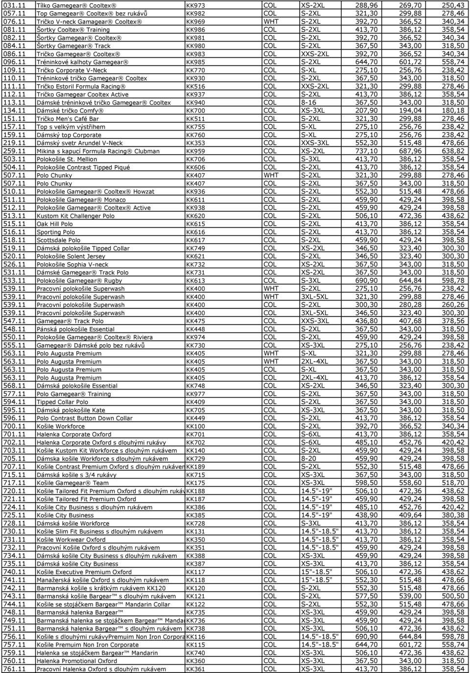 11 Šortky Gamegear Cooltex KK981 COL S-2XL 392,70 366,52 340,34 084.11 Šortky Gamegear Track KK980 COL S-2XL 367,50 343,00 318,50 086.