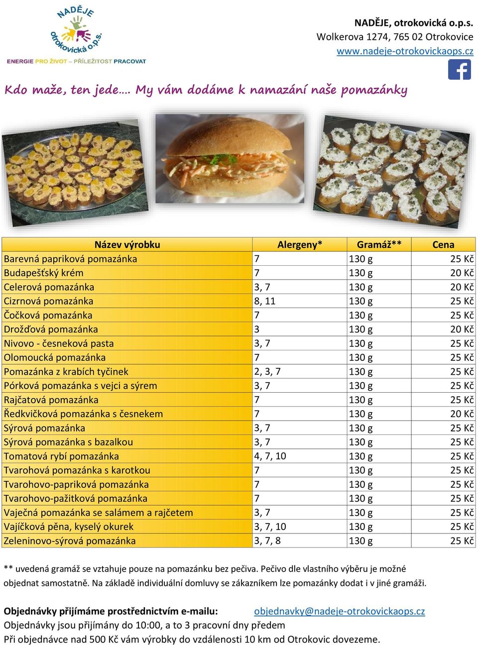 pomazánka 8, 11 130 g 25 Kč Čočková pomazánka 7 130 g 25 Kč Drožďová pomazánka 3 130 g 20 Kč Nivovo - česneková pasta 3, 7 130 g 25 Kč Olomoucká pomazánka 7 130 g 25 Kč Pomazánka z krabích tyčinek 2,