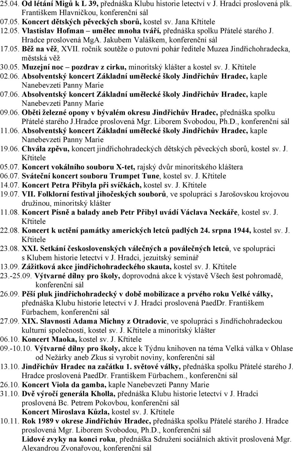 ročník soutěže o putovní pohár ředitele Muzea Jindřichohradecka, městská věž 30.05. Muzejní noc pozdrav z cirku, minoritský klášter a kostel sv. J. Křtitele 02.06.
