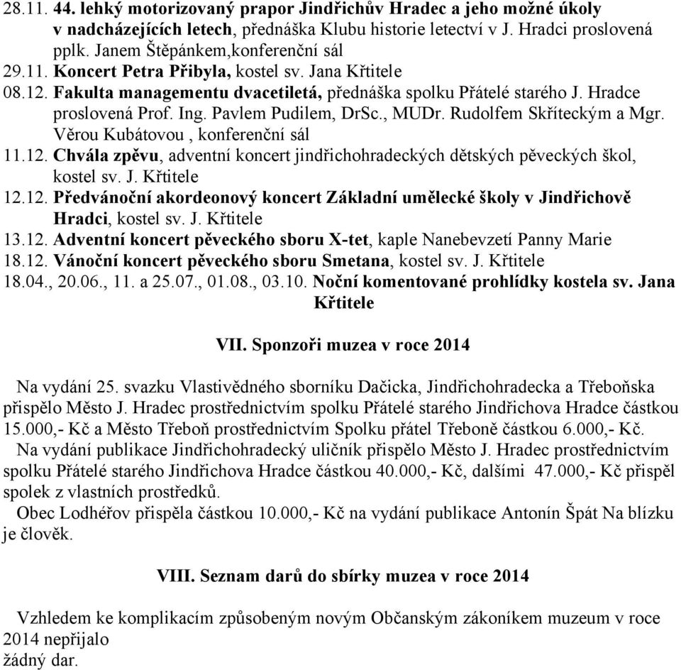 Věrou Kubátovou, konferenční sál 11.12. Chvála zpěvu, adventní koncert jindřichohradeckých dětských pěveckých škol, kostel sv. J. Křtitele 12.12. Předvánoční akordeonový koncert Základní umělecké školy v Jindřichově Hradci, kostel sv.