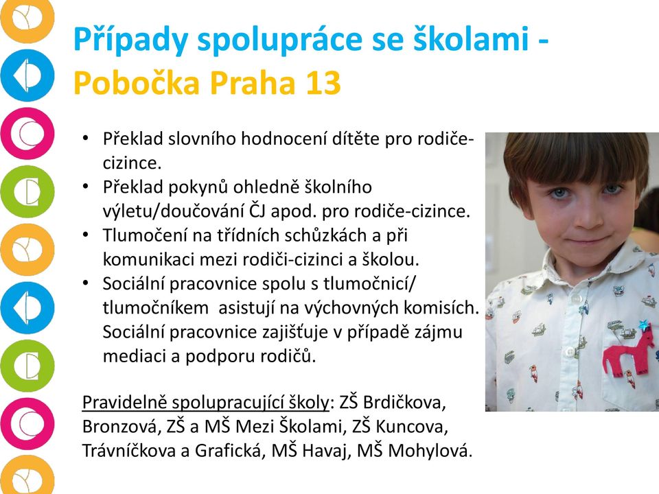 Tlumočení na třídních schůzkách a při komunikaci mezi rodiči-cizinci a školou.