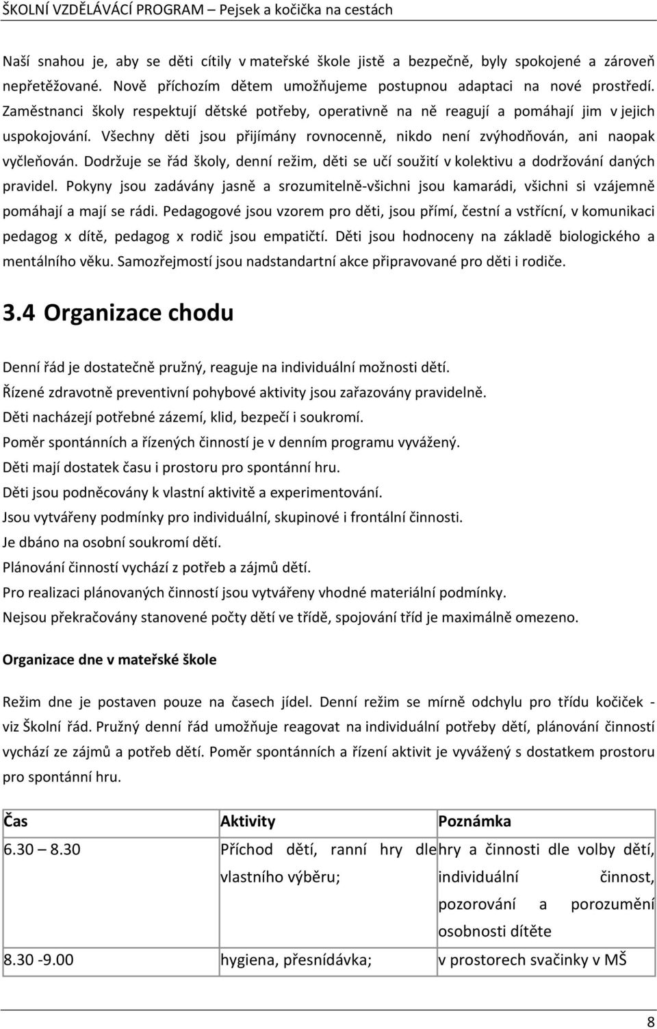 Dodržuje se řád školy, denní režim, děti se učí soužití v kolektivu a dodržování daných pravidel.