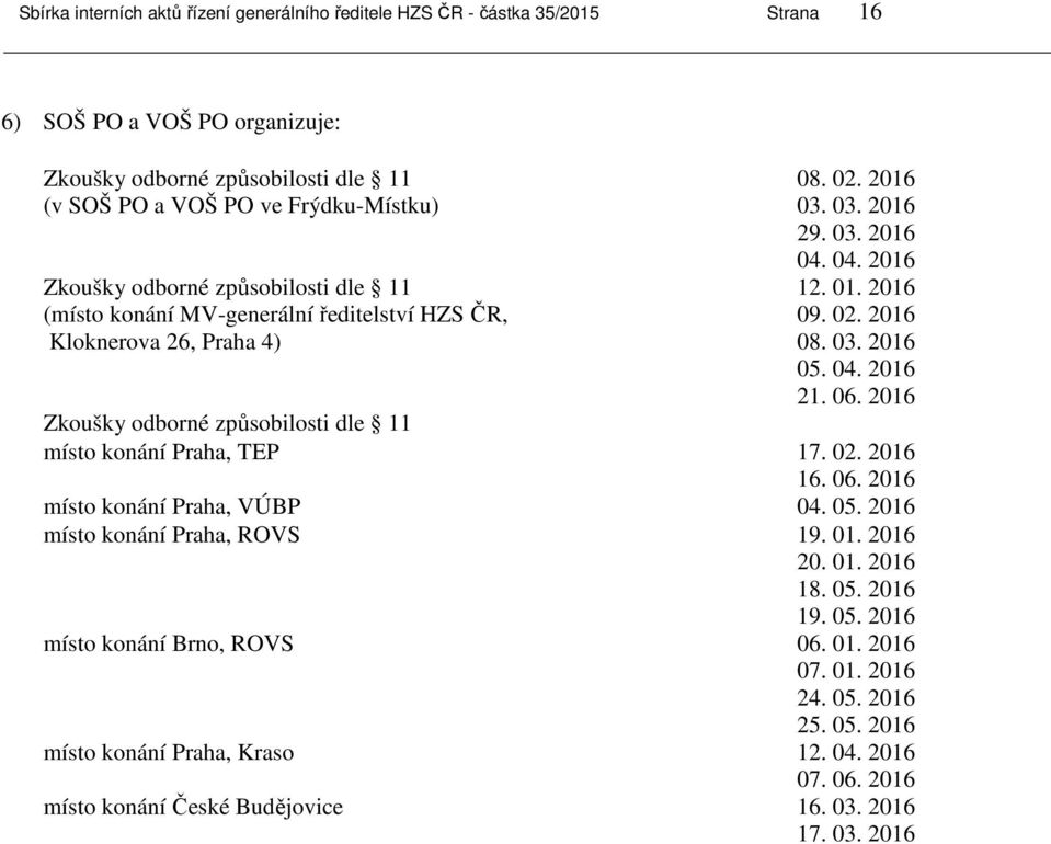 2016 Zkoušky odborné způsobilosti dle 11 místo konání Praha, TEP 17. 02. 2016 16. 06. 2016 místo konání Praha, VÚBP 04. 05. 2016 místo konání Praha, ROVS 19. 01. 2016 20. 01. 2016 18. 05. 2016 19.