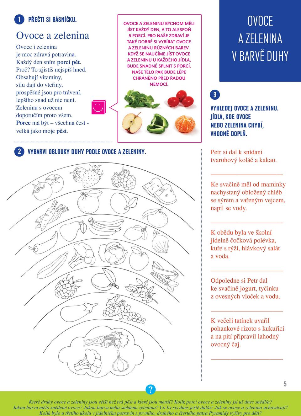 TAKÉ DOBRÉ SI VYBÍRAT OVOCE A ZELENINU RŮZNÝCH BAREV KDYŽ SE NAUČÍME JÍST OVOCE A ZELENINU U KAŽDÉHO JÍDLA, BUDE SNADNÉ SPLNIT 5 PORCÍ NAŠE TĚLO PAK BUDE LÉPE CHRÁNĚNO PŘED ŘADOU NEMOCÍ 3 OVOCE A