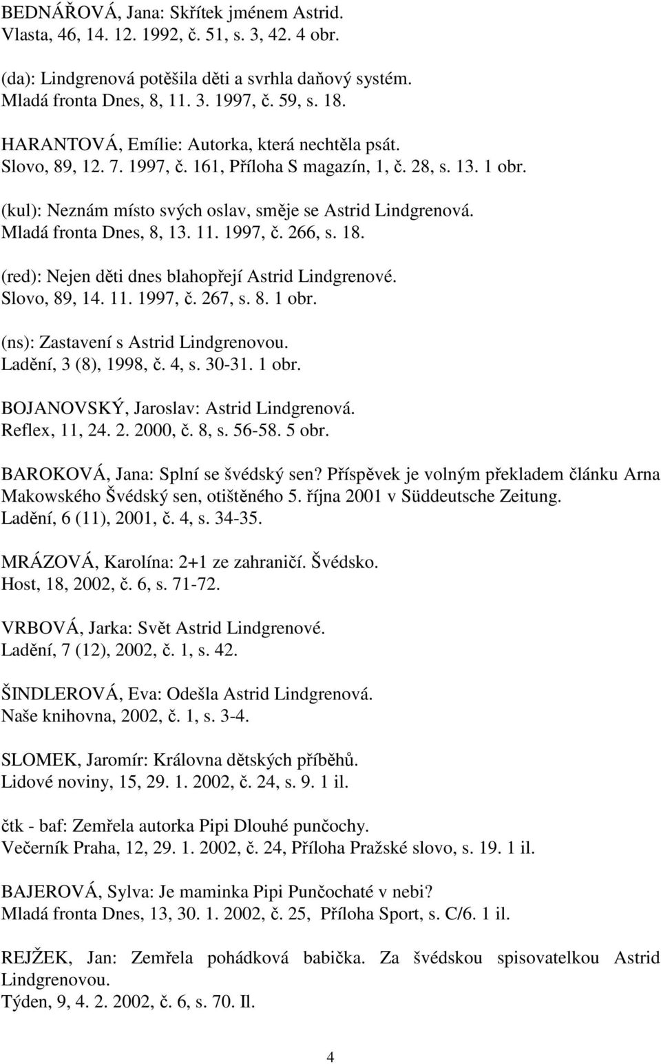 Mladá fronta Dnes, 8, 13. 11. 1997, č. 266, s. 18. (red): Nejen děti dnes blahopřejí Astrid Lindgrenové. Slovo, 89, 14. 11. 1997, č. 267, s. 8. 1 obr. (ns): Zastavení s Astrid Lindgrenovou.