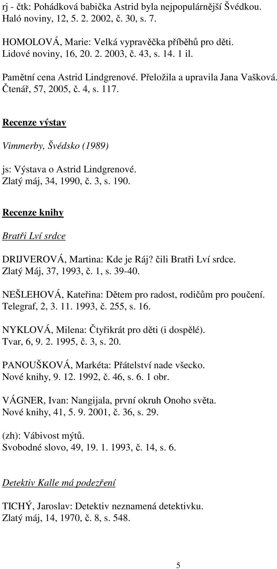 Zlatý máj, 34, 1990, č. 3, s. 190. Recenze knihy Bratři Lví srdce DRIJVEROVÁ, Martina: Kde je Ráj? čili Bratři Lví srdce. Zlatý Máj, 37, 1993, č. 1, s. 39-40.