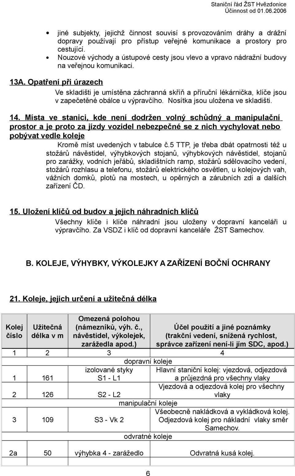 Opatření při úrazech Ve skladišti je umístěna záchranná skříň a příruční lékárnička, klíče jsou v zapečetěné obálce u výpravčího. Nosítka jsou uložena ve skladišti. 14.