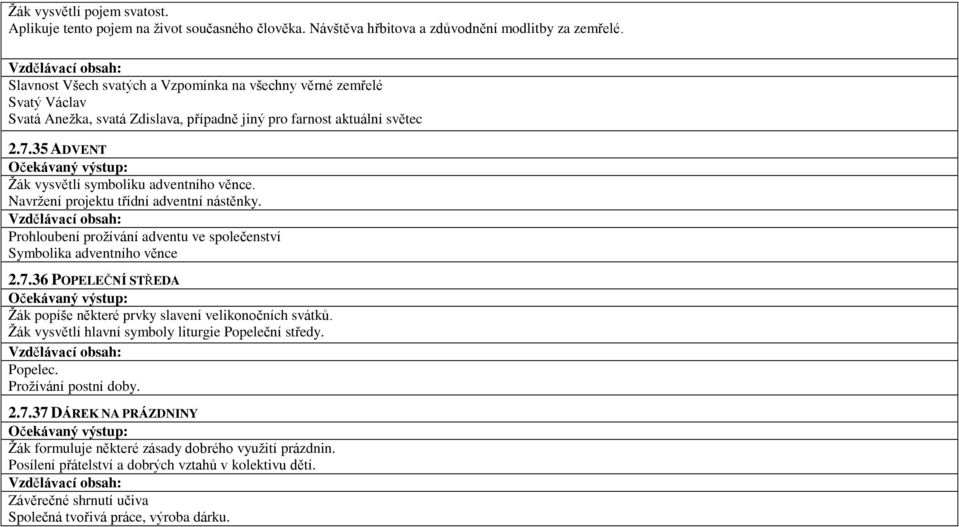 Navržení projektu třídní adventní nástěnky. Prohloubení prožívání adventu ve společenství Symbolika adventního věnce 2.7.36 POPELEČNÍ STŘEDA Žák popíše některé prvky slavení velikonočních svátků.