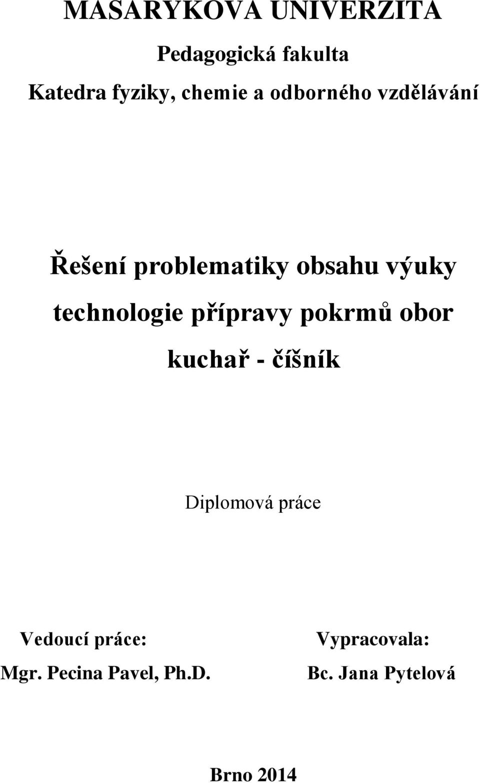 přípravy pokrmů obor kuchař - číšník Diplomová práce Vedoucí