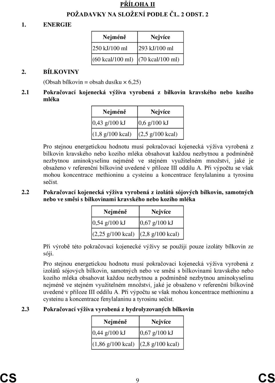 výživa vyrobená z bílkovin kravského nebo kozího mléka obsahovat každou nezbytnou a podmíněně nezbytnou aminokyselinu nejméně ve stejném využitelném množství, jaké je obsaženo v referenční bílkovině