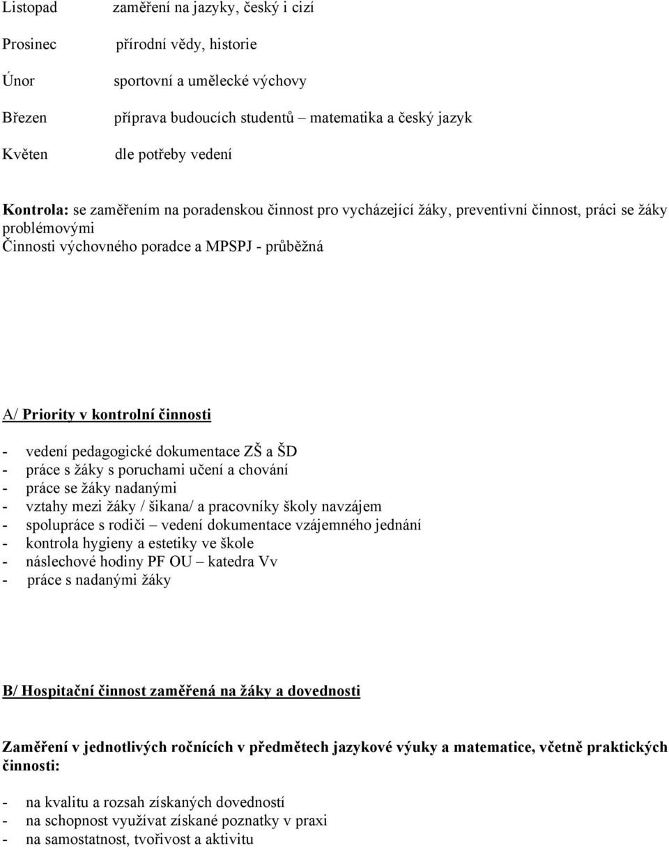 vedení pedagogické dokumentace ZŠ a ŠD - práce s žáky s poruchami učení a chování - práce se žáky nadanými - vztahy mezi žáky / šikana/ a pracovníky školy navzájem - spolupráce s rodiči vedení