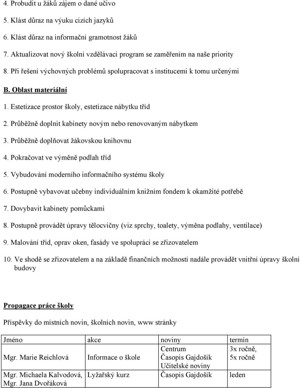 Průběžně doplnit kabinety novým nebo renovovaným nábytkem 3. Průběžně doplňovat žákovskou knihovnu 4. Pokračovat ve výměně podlah tříd 5. Vybudování moderního informačního systému školy 6.