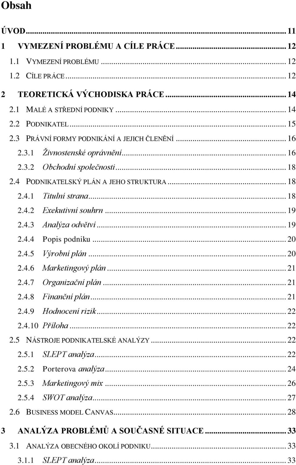 .. 19 2.4.3 Analýza odvětví... 19 2.4.4 Popis podniku... 20 2.4.5 Výrobní plán... 20 2.4.6 Marketingový plán... 21 2.4.7 Organizační plán... 21 2.4.8 Finanční plán... 21 2.4.9 Hodnocení rizik... 22 2.