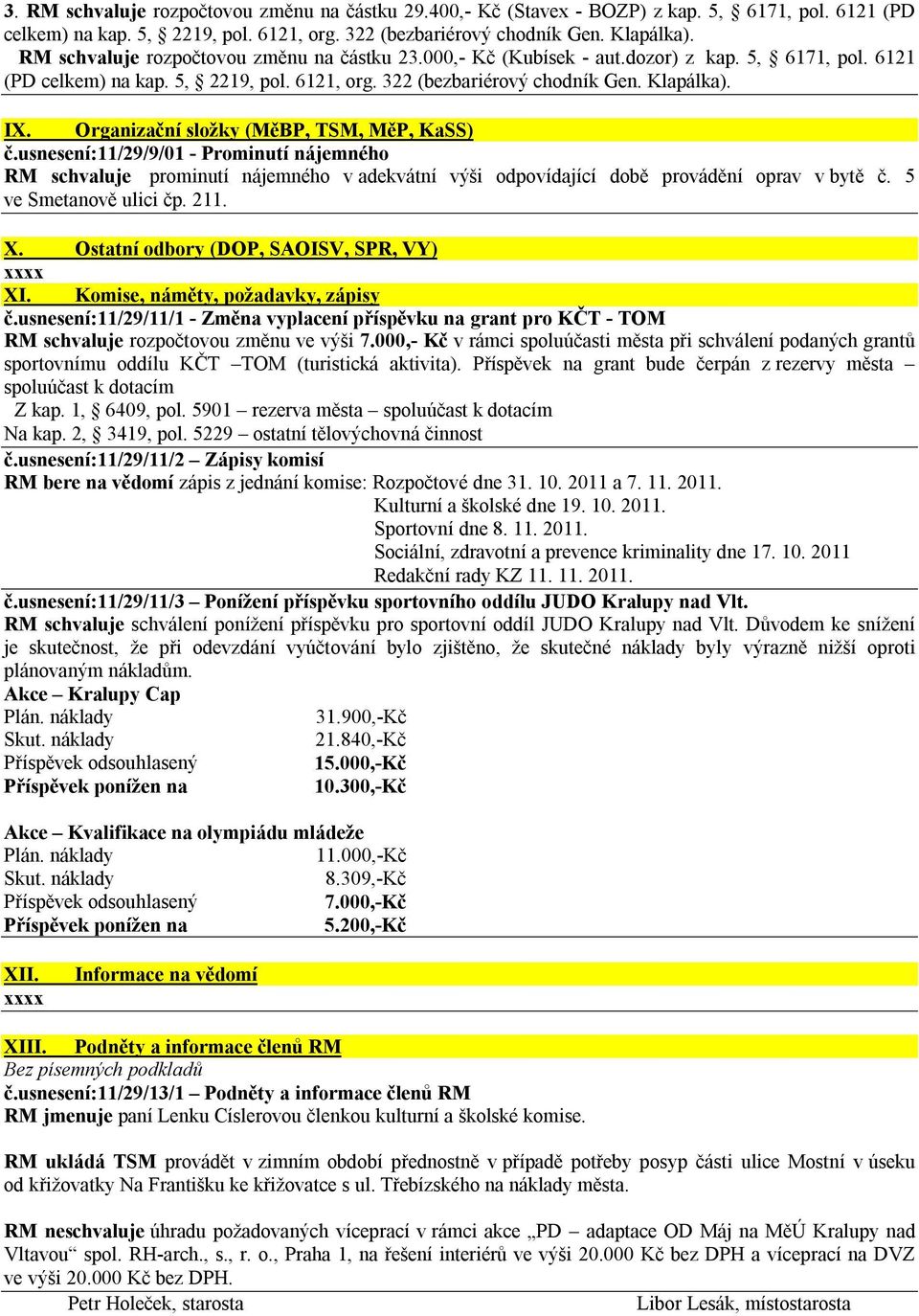 Organizační složky (MěBP, TSM, MěP, KaSS) č.usnesení:11/29/9/01 - Prominutí nájemného RM schvaluje prominutí nájemného v adekvátní výši odpovídající době provádění oprav v bytě č.