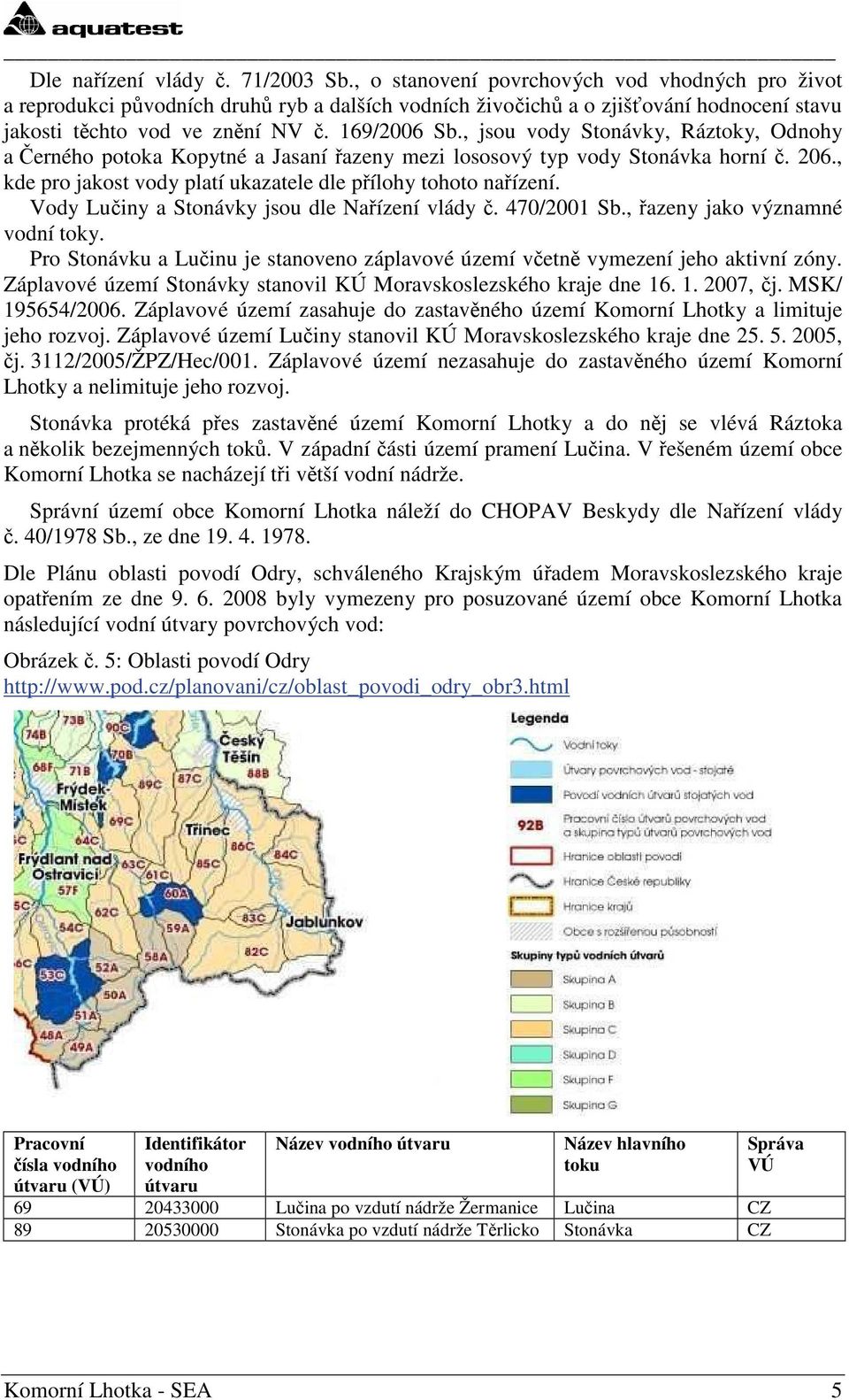 , jsou vody Stonávky, Ráztoky, Odnohy a Černého potoka Kopytné a Jasaní řazeny mezi lososový typ vody Stonávka horní č. 206., kde pro jakost vody platí ukazatele dle přílohy tohoto nařízení.