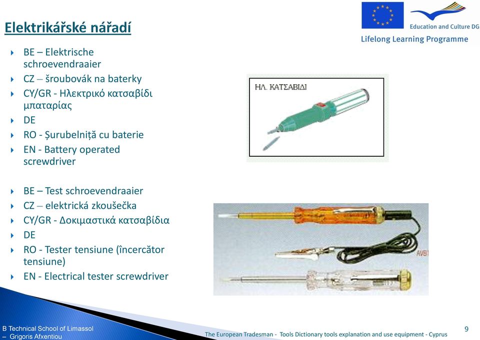 screwdriver BE Test schroevendraaier CZ elektrická zkoušečka CY/GR -