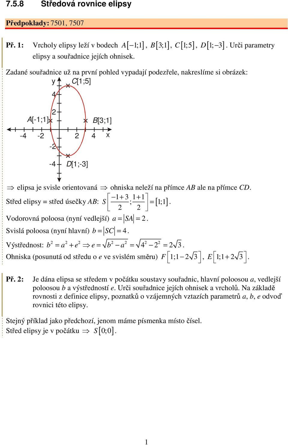 vedlejší) = SA = Svislá poloos (nní hlvní) = S = Výstřednost: = + e e = = = 3 Ohnisk (posunutá od středu o e ve svislém směru) F ; 3, E ; + 3 Př : Je dán elips se středem v počátku soustv souřdnic,