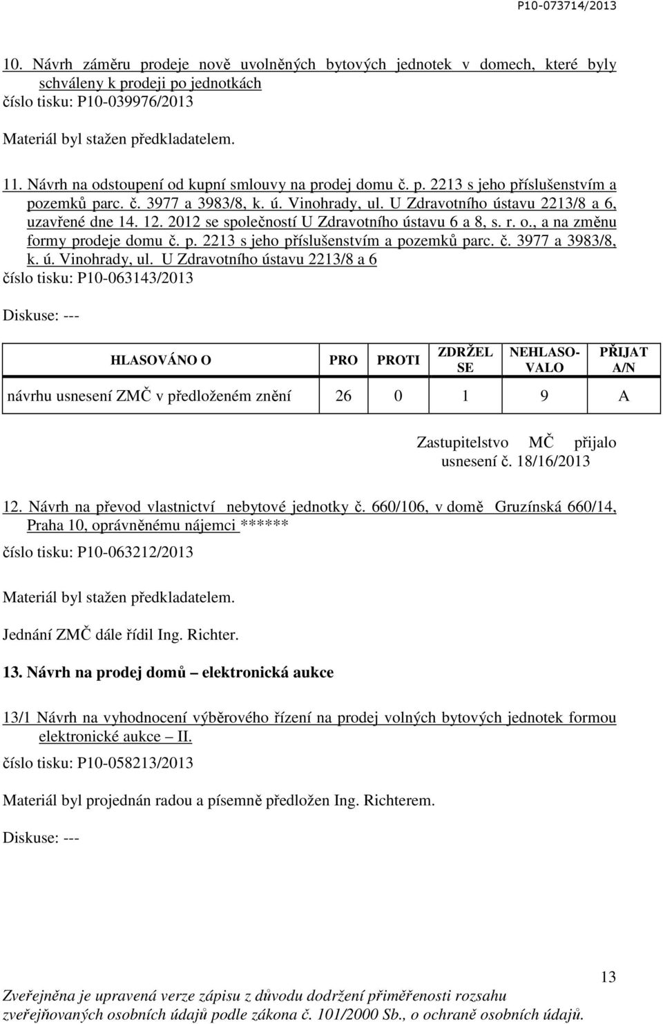 2012 se společností U Zdravotního ústavu 6 a 8, s. r. o., a na změnu formy prodeje domu č. p. 2213 s jeho příslušenstvím a pozemků parc. č. 3977 a 3983/8, k. ú. Vinohrady, ul.