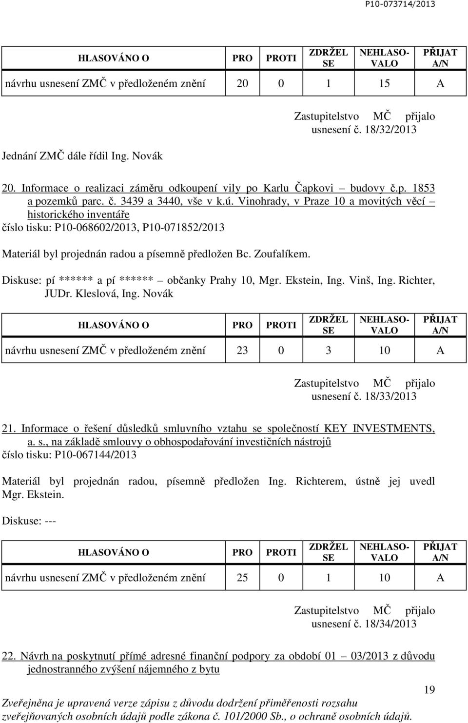 Diskuse: pí ****** a pí ****** občanky Prahy 10, Mgr. Ekstein, Ing. Vinš, Ing. Richter, JUDr. Kleslová, Ing. Novák návrhu usnesení ZMČ v předloženém znění 23 0 3 10 A usnesení č. 18/33/2013 21.