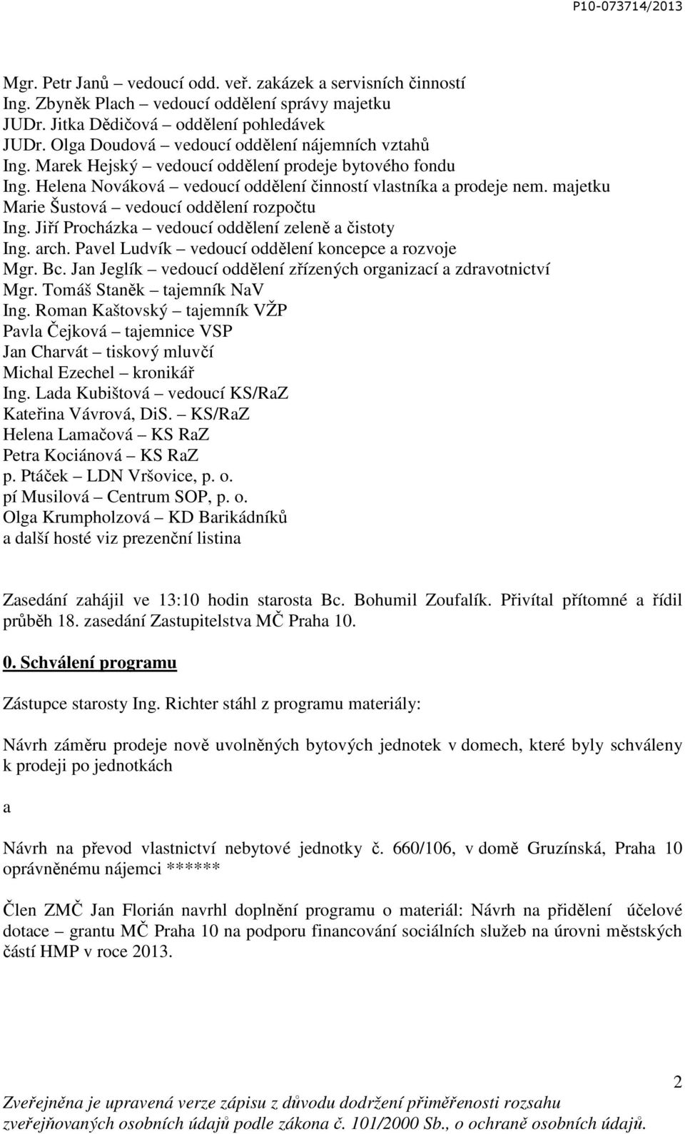 majetku Marie Šustová vedoucí oddělení rozpočtu Ing. Jiří Procházka vedoucí oddělení zeleně a čistoty Ing. arch. Pavel Ludvík vedoucí oddělení koncepce a rozvoje Mgr. Bc.