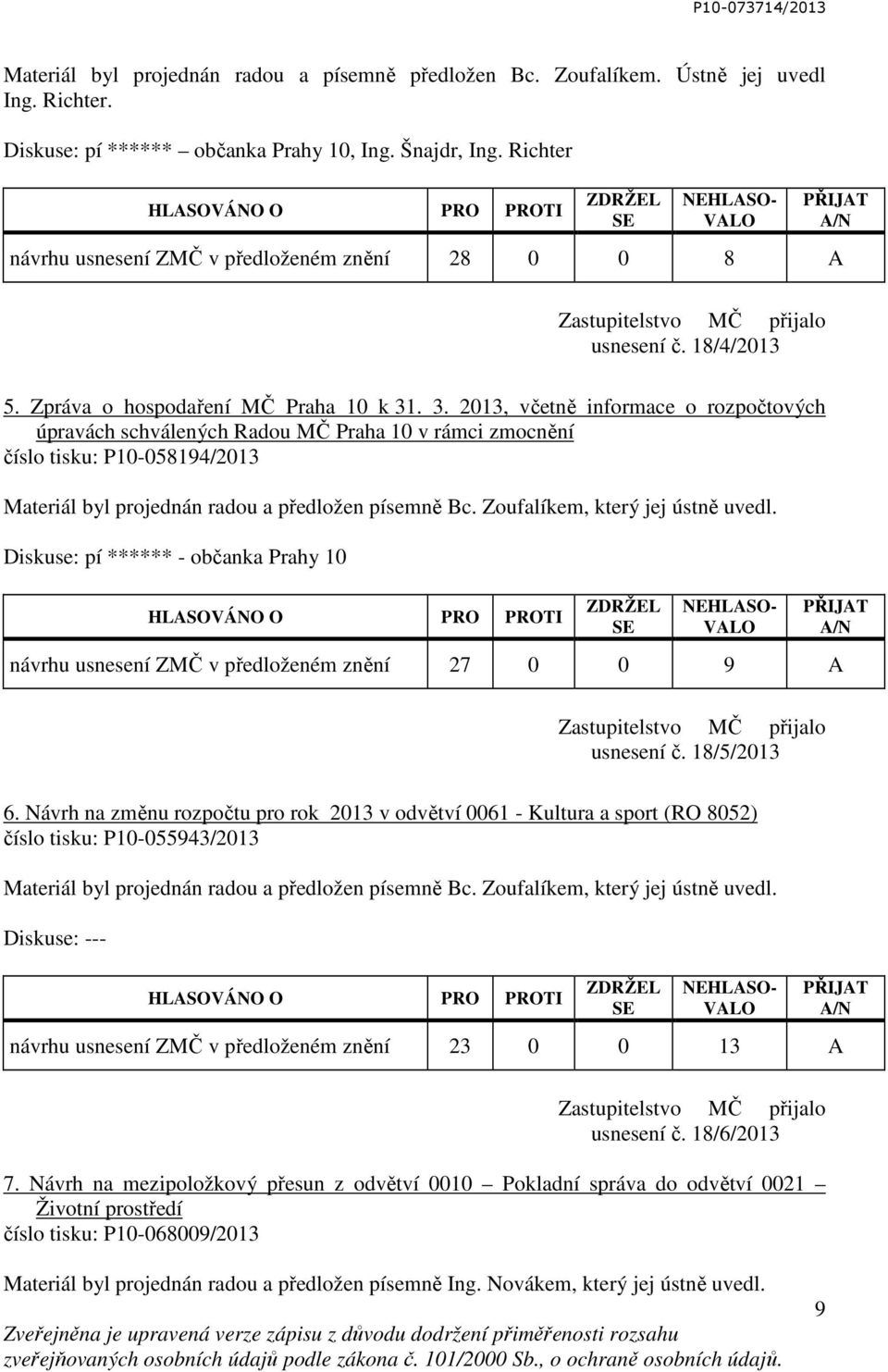 . 3. 2013, včetně informace o rozpočtových úpravách schválených Radou MČ Praha 10 v rámci zmocnění číslo tisku: P10-058194/2013 Materiál byl projednán radou a předložen písemně Bc.