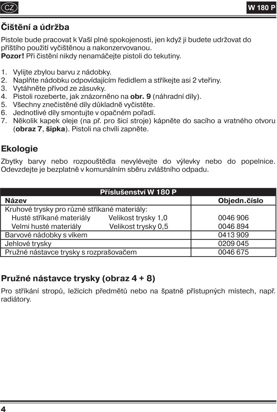 Pistoli rozeberte, jak znázorněno na obr. 9 (náhradn dly). 5. Všechny znečistěné dly důkladně vyčistěte. 6. Jednotlivé dly smontujte v opačném pořad. 7. Několik kapek oleje (na př.