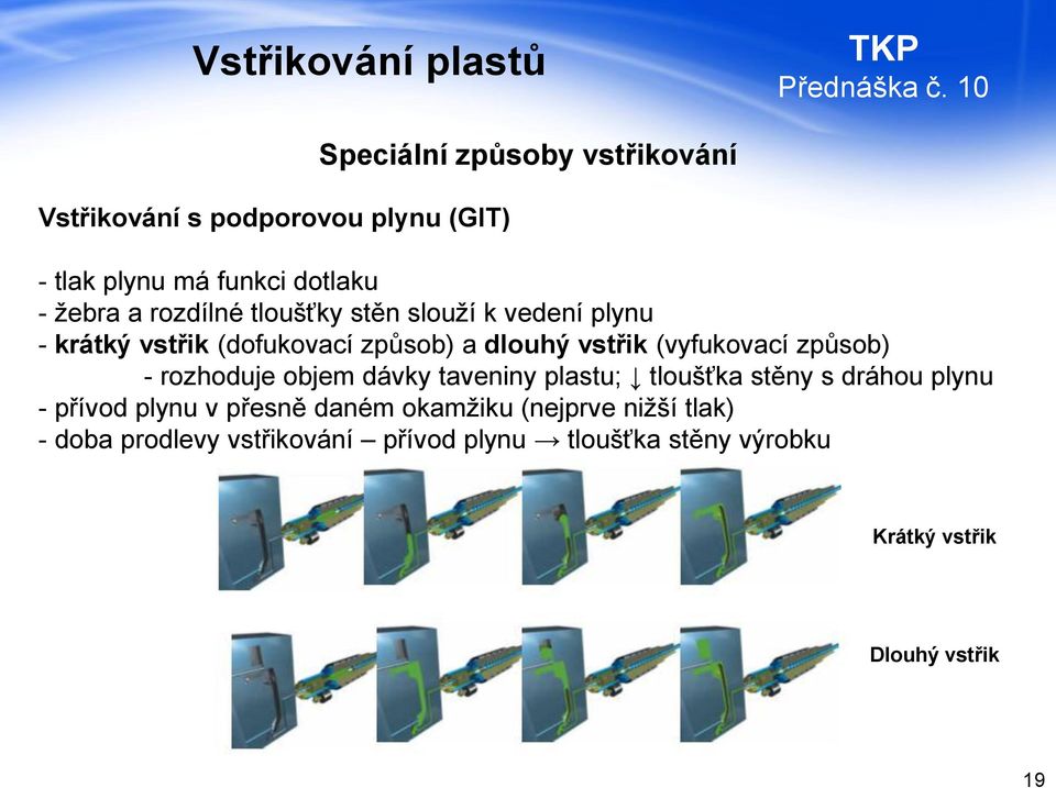 způsob) - rozhoduje objem dávky taveniny plastu; tloušťka stěny s dráhou plynu - přívod plynu v přesně daném