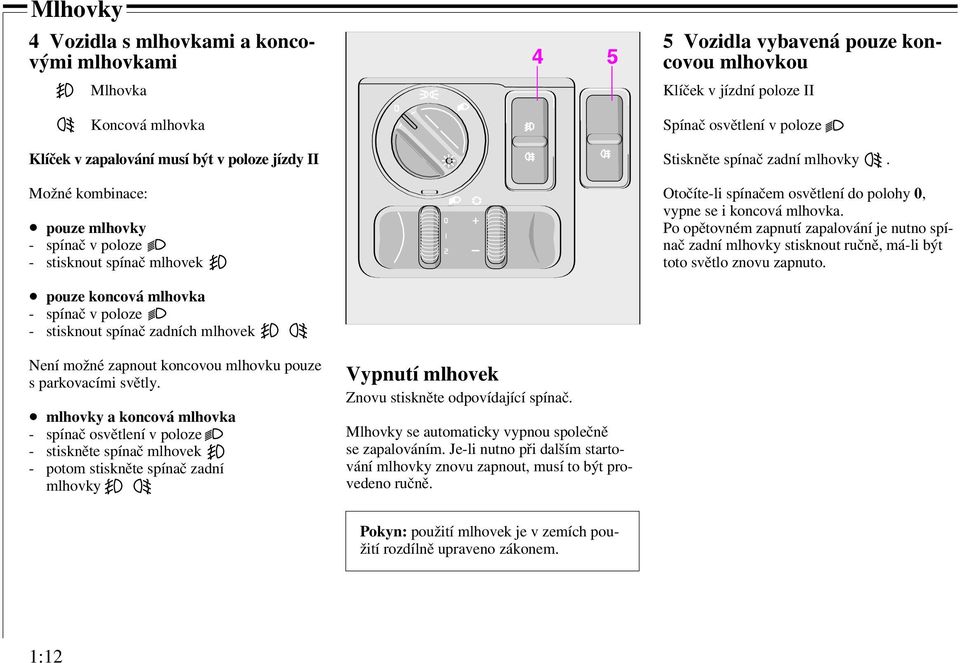 Po opětovném zapnutí zapalování je nutno spínač zadní mlhovky stisknout ručně, má-li být toto světlo znovu zapnuto.