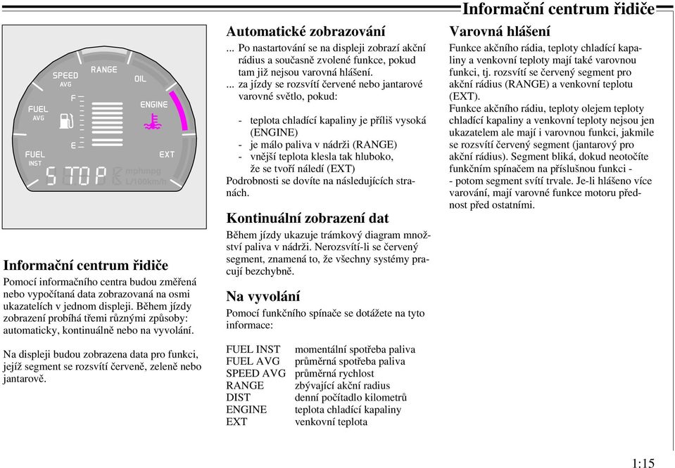 Automatické zobrazování... Po nastartování se na displeji zobrazí akční rádius a současně zvolené funkce, pokud tam již nejsou varovná hlášení.