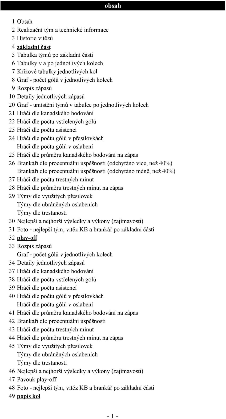 vstřelených gólů 23 Hráči dle počtu asistencí 24 Hráči dle počtu gólů v přesilovkách Hráči dle počtu gólů v oslabení 25 Hráči dle průměru kanadského bodování na zápas 26 Brankáři dle procentuální