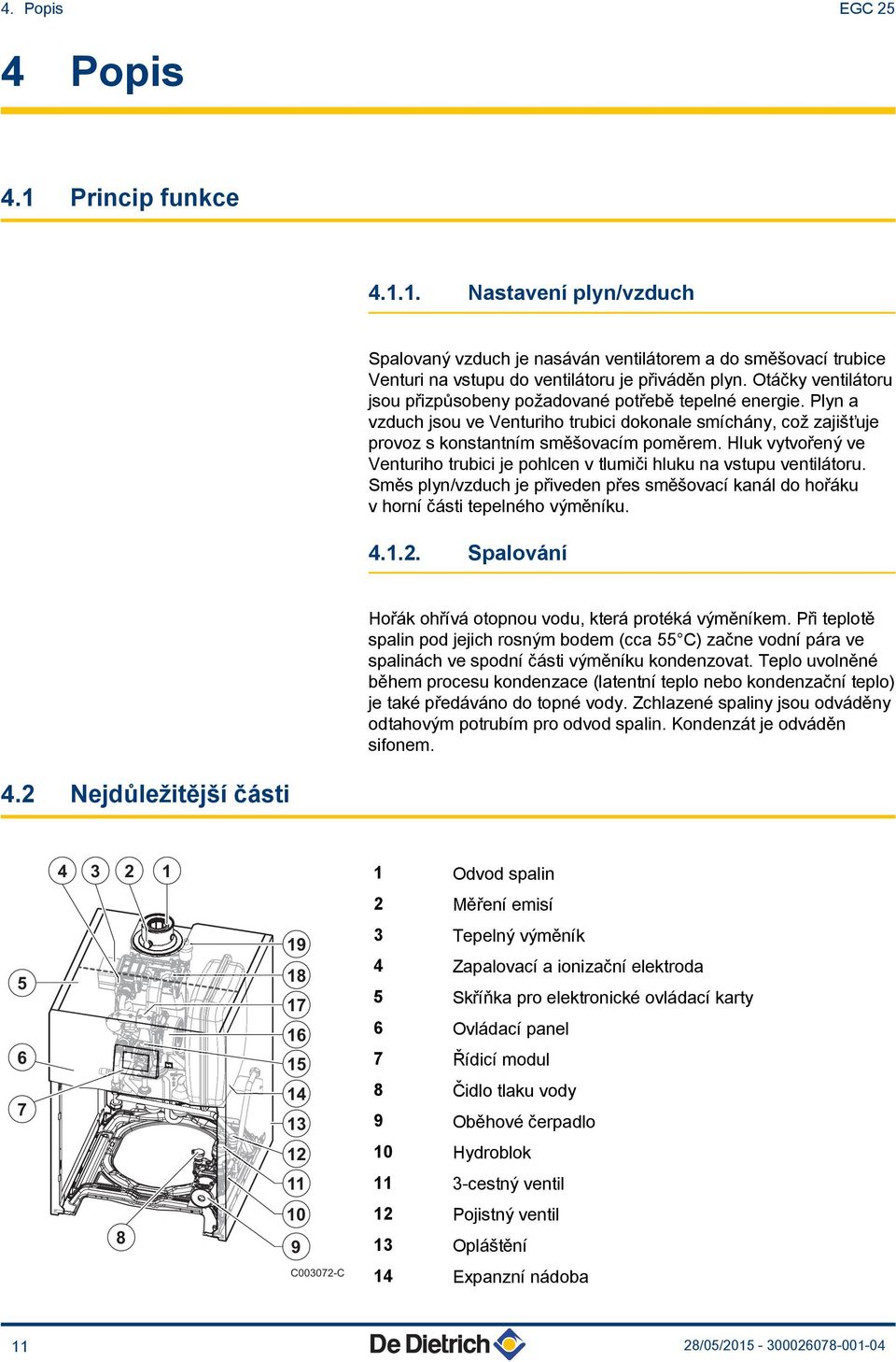 Hluk vytvořený ve Venturiho trubici je pohlcen v tlumiči hluku na vstupu ventilátoru. Směs plyn/vzduch je přiveden přes směšovací kanál do hořáku v horní části tepelného výměníku. 4.1.2.