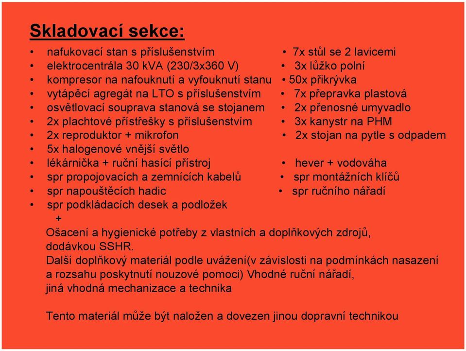 stojan na pytle s odpadem 5x halogenové vnější světlo lékárnička + ruční hasící přístroj hever + vodováha spr propojovacích a zemnících kabelů spr montážních klíčů spr napouštěcích hadic spr ručního