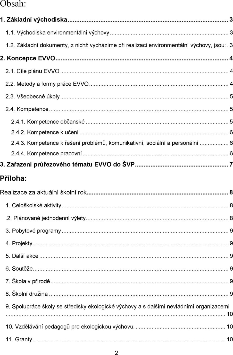 .. 6 2.4.4. Kompetence pracovní... 6 3. Zařazení průřezového tématu EVVO do ŠVP... 7 Příloha: Realizace za aktuální školní rok... 8 1. Celoškolské aktivity... 8.2. Plánované jednodenní výlety... 8 3.