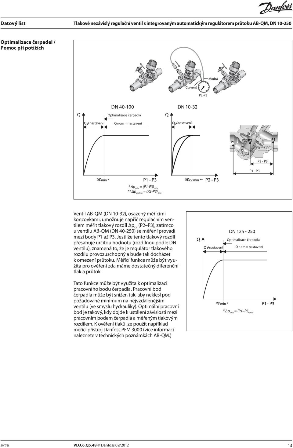 min = (P2-P3) min Ventil AB-QM (DN 10-32), osazený měřícími koncovkami, umožňuje napříč regulačním ventilem měřit tlakový rozdíl Δp cv (P2 P3), zatímco u ventilu AB-QM (DN 40-250) se měření provádí