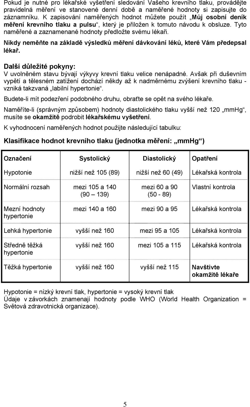 Nikdy neměňte na základě výsledků měření dávkování léků, které Vám předepsal lékař. Další důležité pokyny: V uvolněném stavu bývají výkyvy krevní tlaku velice nenápadné.