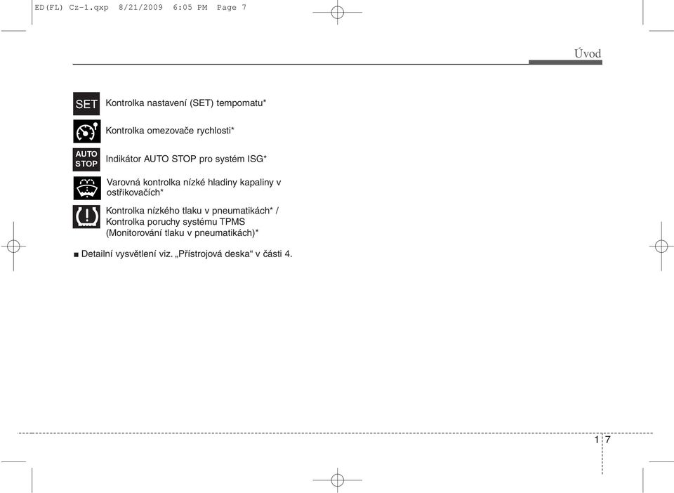 rychlosti* AUTO STOP Indikátor AUTO STOP pro systém ISG* Varovná kontrolka nízké hladiny