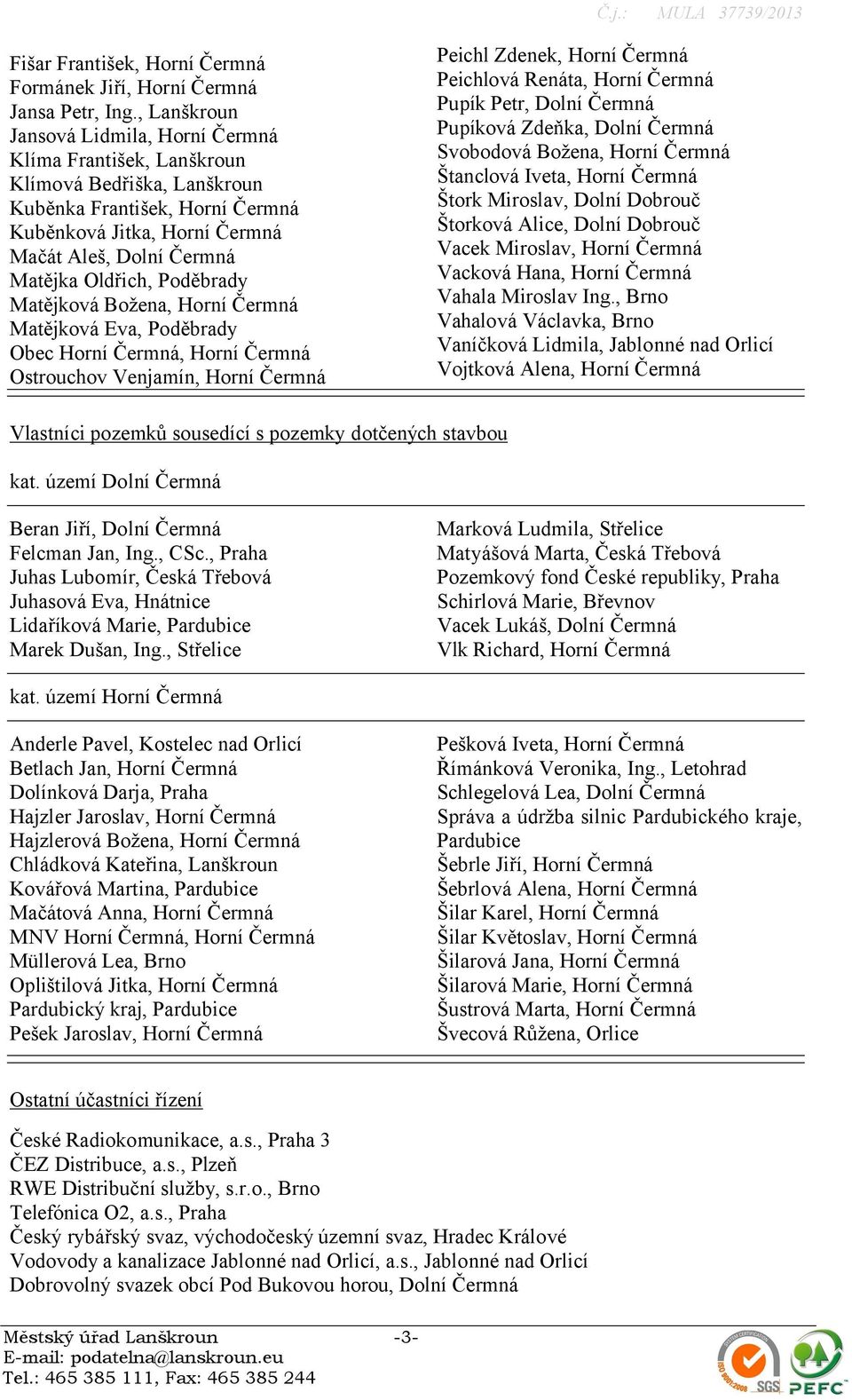 Oldřich, Poděbrady Matějková Božena, Horní Čermná Matějková Eva, Poděbrady Obec Horní Čermná, Horní Čermná Ostrouchov Venjamín, Horní Čermná Peichl Zdenek, Horní Čermná Peichlová Renáta, Horní Čermná