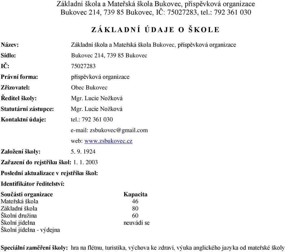 : 792 361 030 Založení školy: 5. 9. 1924 Zařazení do rejstříku škol: 1. 1. 2003 Poslední aktualizace v rejstříku škol: Identifikátor ředitelství: e-mail: zsbukovec@