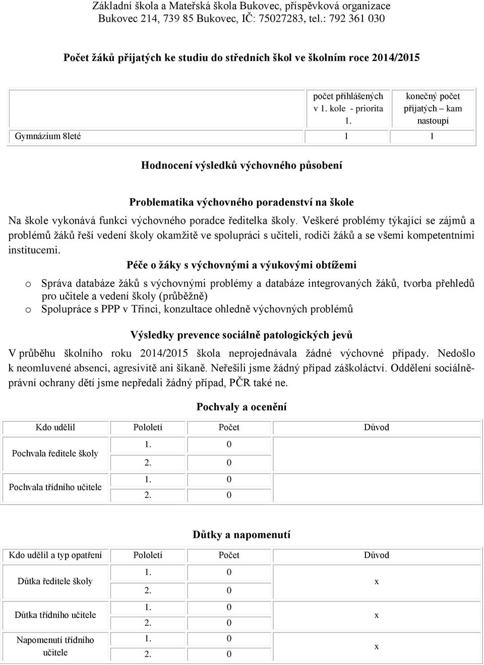 školy. Veškeré problémy týkající se zájmů a problémů žáků řeší vedení školy okamžitě ve spolupráci s učiteli, rodiči žáků a se všemi kompetentními institucemi.